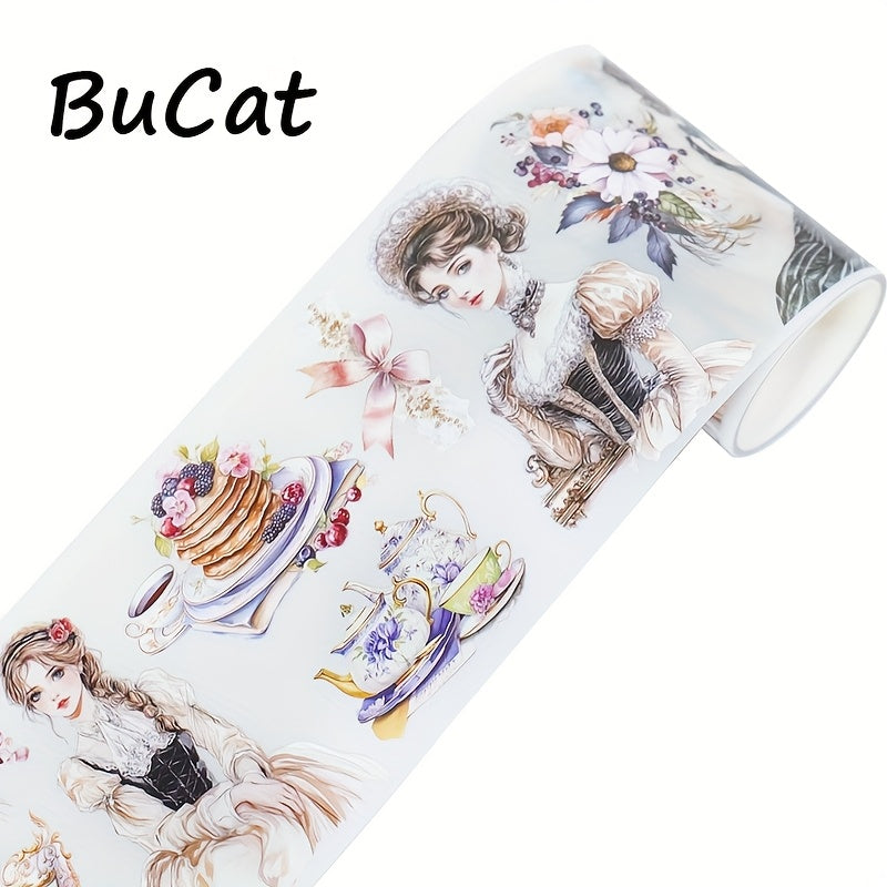 2m Princess Leisure Time PET Washi Tape - Transparent Roll Stickers with Elegant Women in Victorian Dresses, Butterflies, Flowers, and Clocks - Ideal for Scrapbooking, Journaling, and Aesthetic Stationery Decor, Journaling Su
