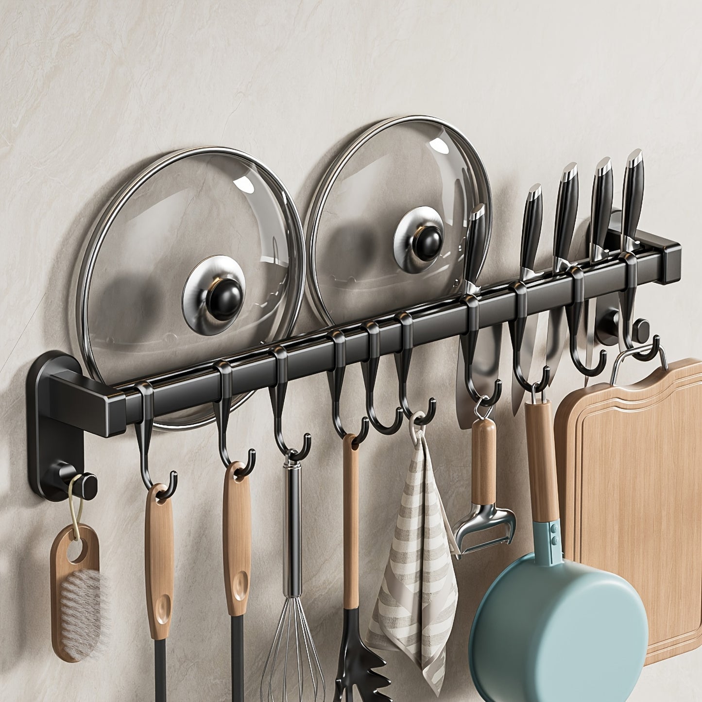 Plastic Kitchen Utensil Storage Rack with 6/8/10 Active Hooks - Wall-mounted Storage Rack for Tableware, Knives, and Pot Lids, with Drainage Hooks, Easy to Install, Suitable for Hanging Storage of Cooking Tools and Towel Rack