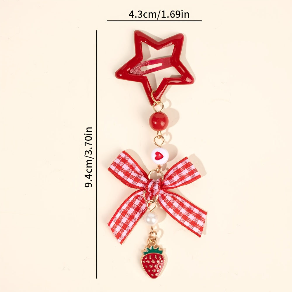 2pcs Kawaii Star Shaped Snap Hair Clips | Polyester Material, Long Tails, Tartan Bow, Cute Strawberry Decor, Fruit Themed Hair Bow Accessories for Teens, Casual Daily Wear, Novelty Hair Accessories, Playfu