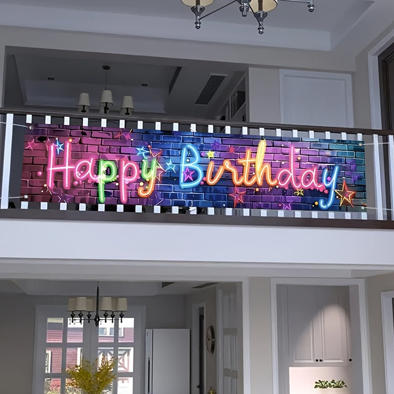 1pc Glow Neon Birthday Long Banner - 78.7"x15.7" Polyester Happy Birthday Garden Yard Decoration with Vibrant Neon Design, Perfect for Outdoor Party Decorations and Celebrations, Celebration Accessory | Festive Party Signage