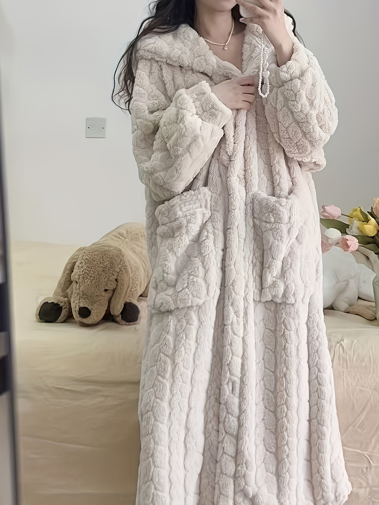 Cozy Coral Fleece Hooded Robe for Women - Long, Warm & Soft Lounge Dress with Pockets, Machine Washable - Perfect for Fall/Winter