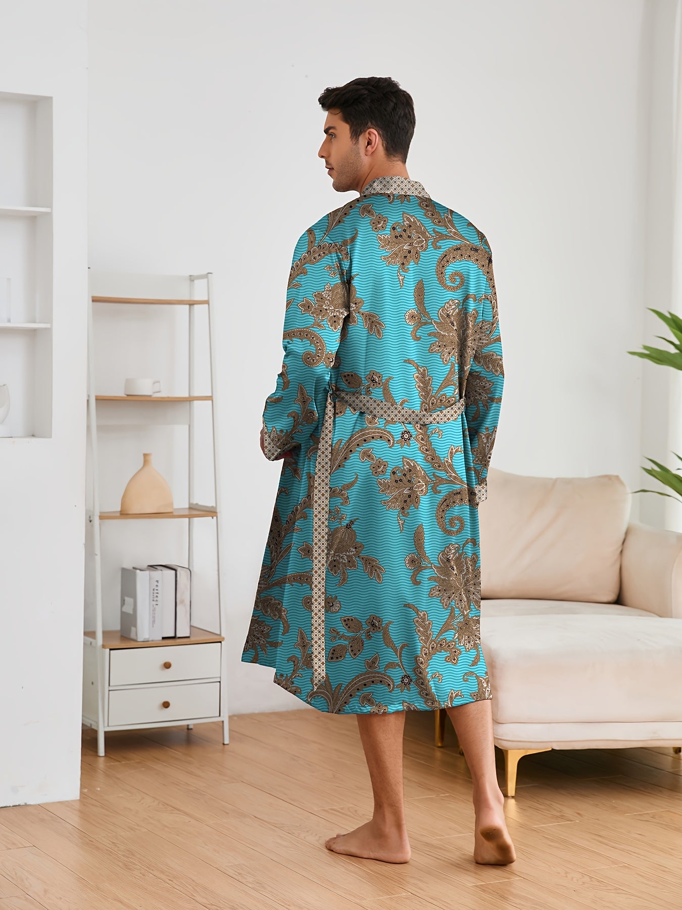 Men's Sleep Robe, Elegant And Light Luxury Pajamas Set, Stylish Gorgeous Floral Print, V-neck Long Sleeve .