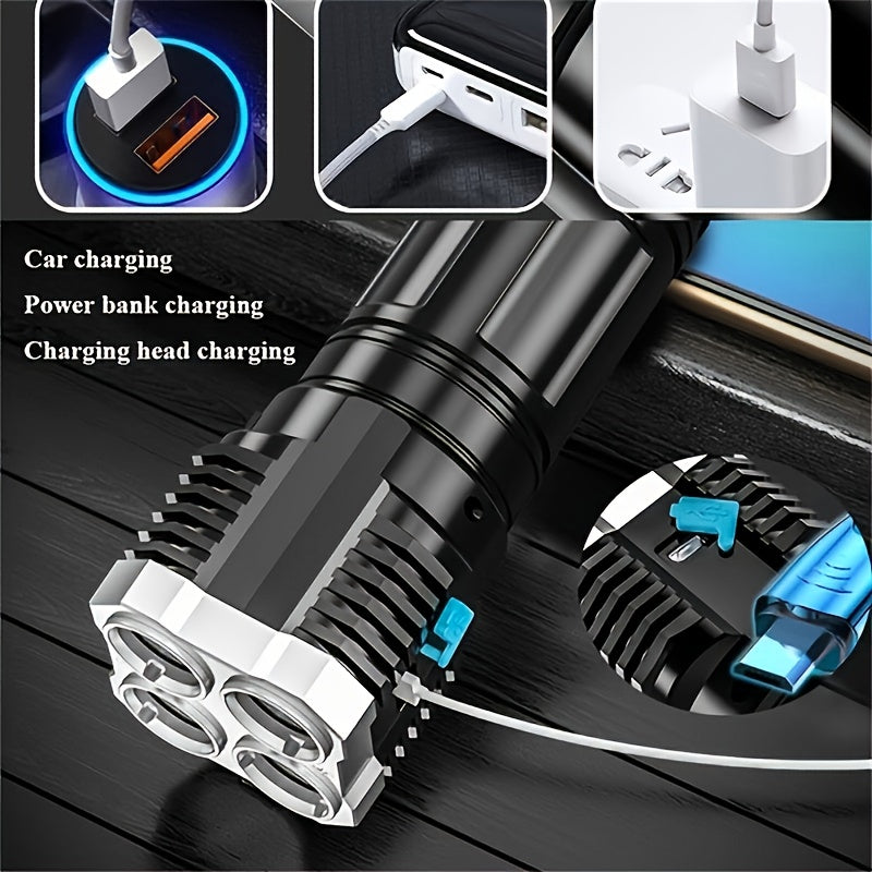 Super Bright 4 LED Tactical Flashlight with COB Side Lamp - USB Rechargeable, Metal Finish, 200 Lumens, 150m Range, ABS Material, No Laser, Rechargeable Battery, Tactical Flashlight|Modern Flashlight|Durable Construction, LED