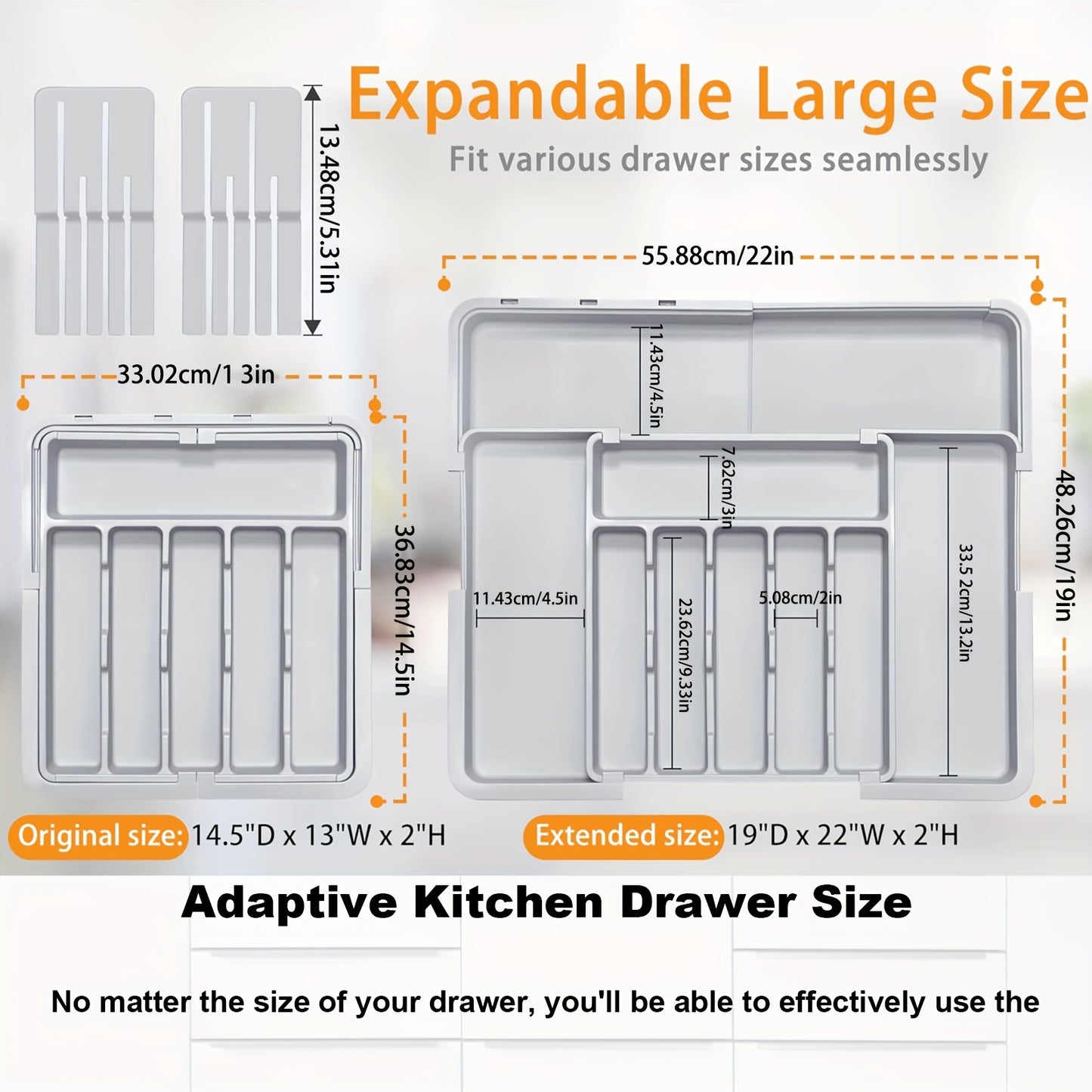 THELiFE Kitchen Cutlery Drawer Organizer, Expandable Cutlery Drawer Organizer with 2 Knife Holders, Cutlery Holder, Adjustable Plastic Spoon Fork Knife Organizer, Large, Gray