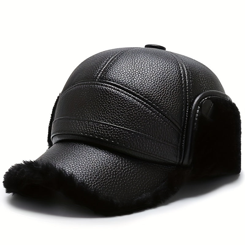 Men's Winter Warm Hat Thickened Ear Flap Cap with Faux Leather