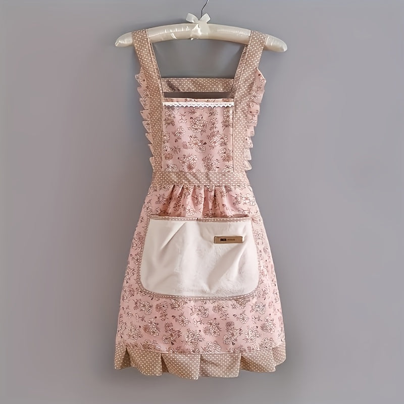 1pc Apron, Floral Print Princess Apron, for Lotus Leaf Lace Decoration, Garden Gardening Workwear Apron, Women's Apron, Kitchen Apron