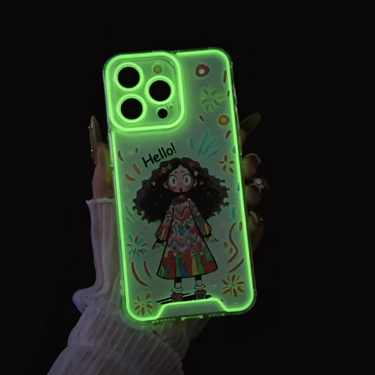 Adorable Curly Hair Girl with Luminous Anti-Fall Mobile Phone Case for iPhone15 Pro 14 Plus 13 12 11ProMax Full Protection Back Cover