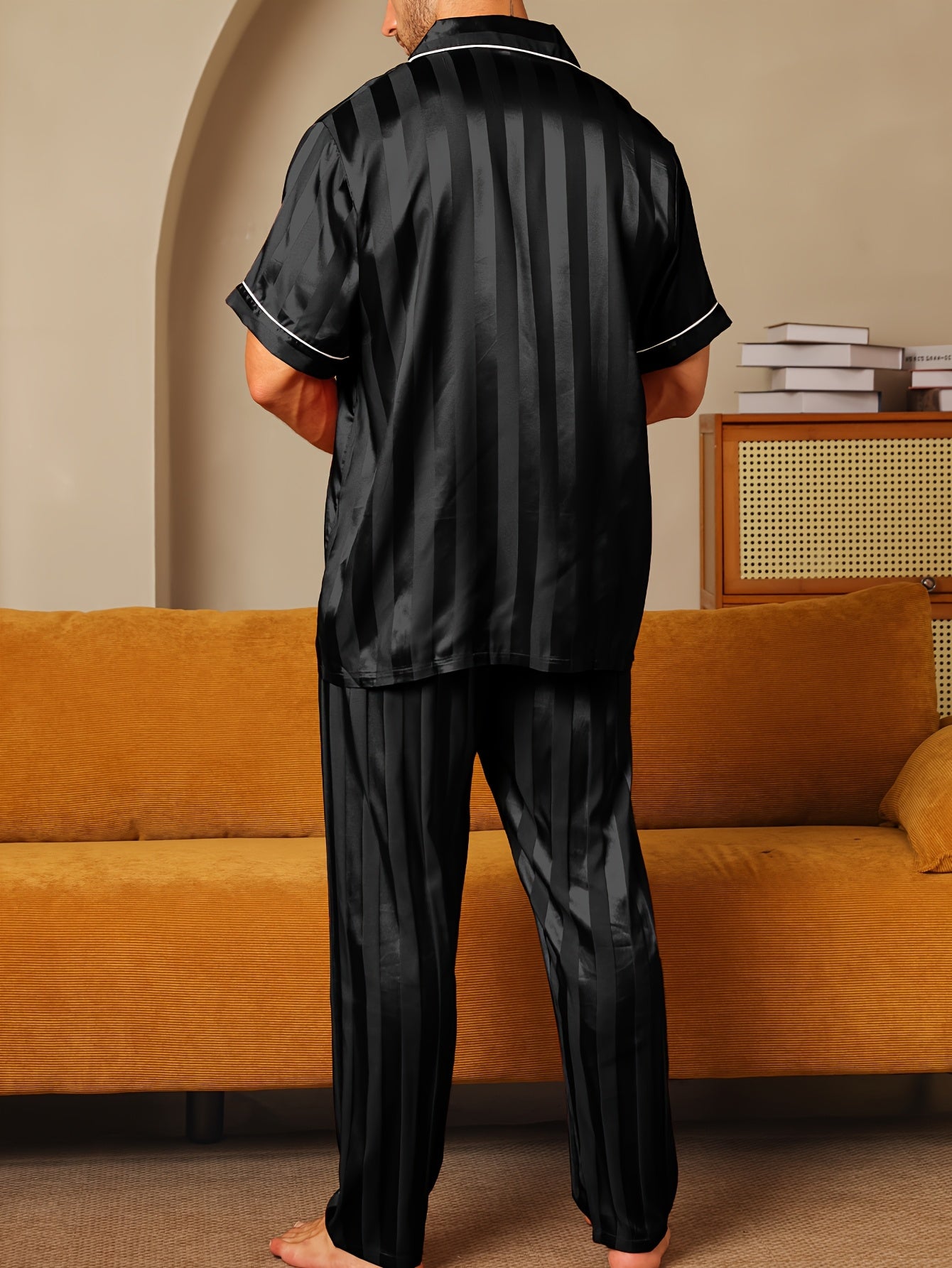 2pcs Men'S Pajama Set Short Sleeve Long Pants Thin Stripes with Embroidered Letters Summer Collar Cardigan Home wear Set