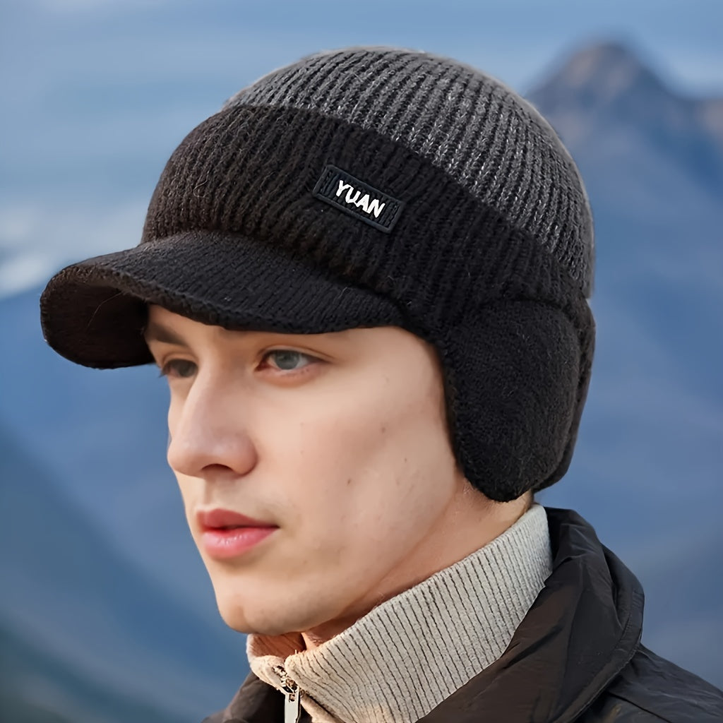 Men'S Winter Fleece-Lined Thick Knit Beanie, Unisex Warm Color-Blocked Hat for Outdoor Activities - Available in 4 Colors, Winter Headwear, Cold Weather Gear, Stylish Headwear, Durable Headgear, Warm Headwear, Cold Climate We