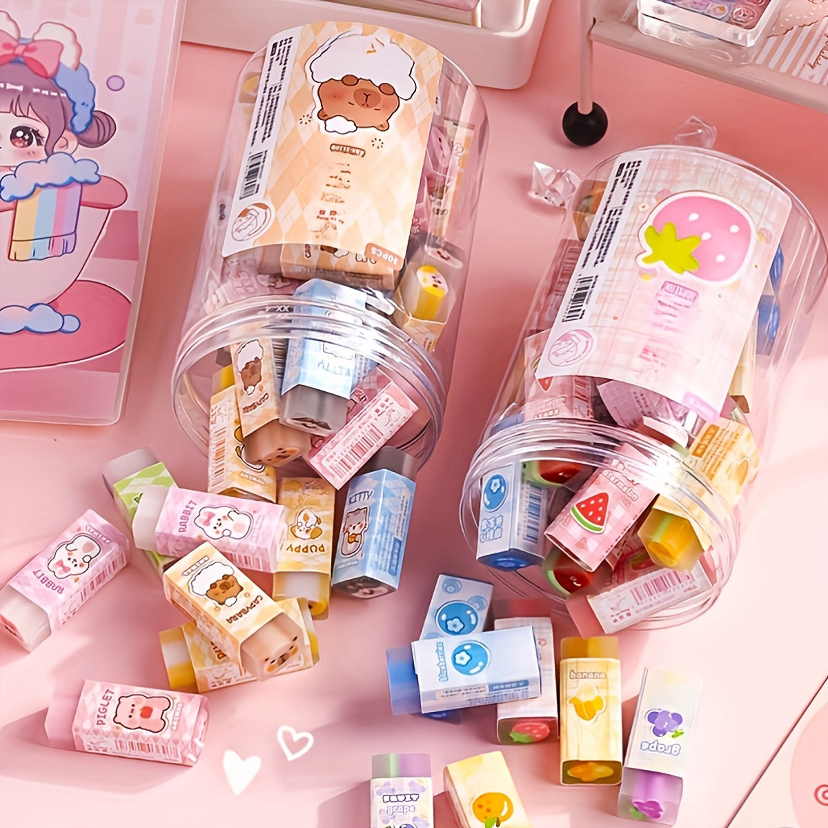 30pcs Cute Cartoon Animals & Fruits Erasers, Rectangular Shape with Charming Designs, Transparent Synthetic Rubber, Perfect for Students' School Supplies or Small Gifts