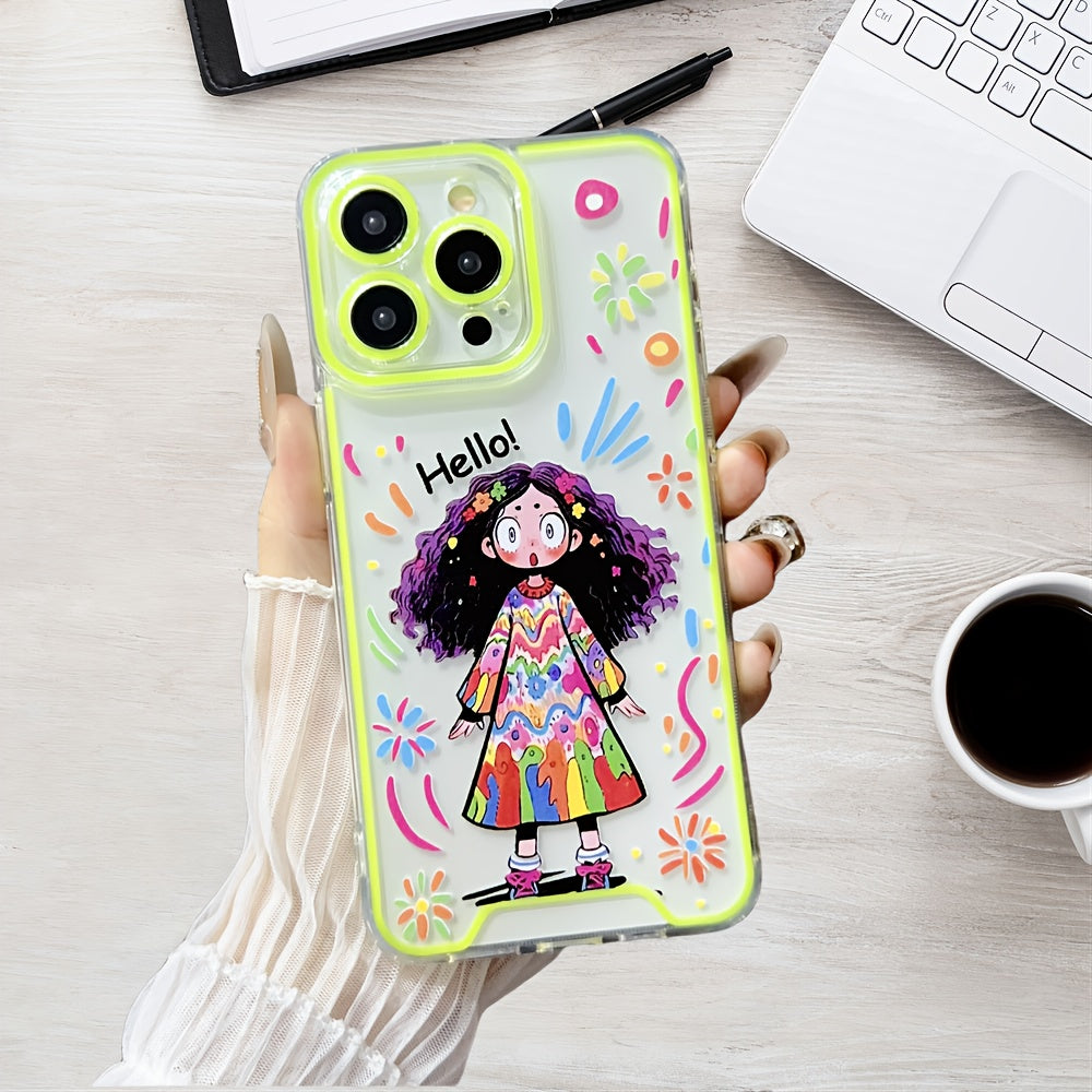 Adorable Curly Hair Girl with Luminous Anti-Fall Mobile Phone Case for iPhone15 Pro 14 Plus 13 12 11ProMax Full Protection Back Cover