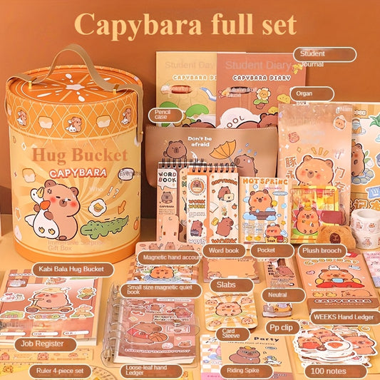 308/240/178pcs Capybara themed stationery bucket set, including all the needs of student supplies, ballpoint pens, notebooks, markers, rulers, pencil cases, etc. - a great learning reward for students!
