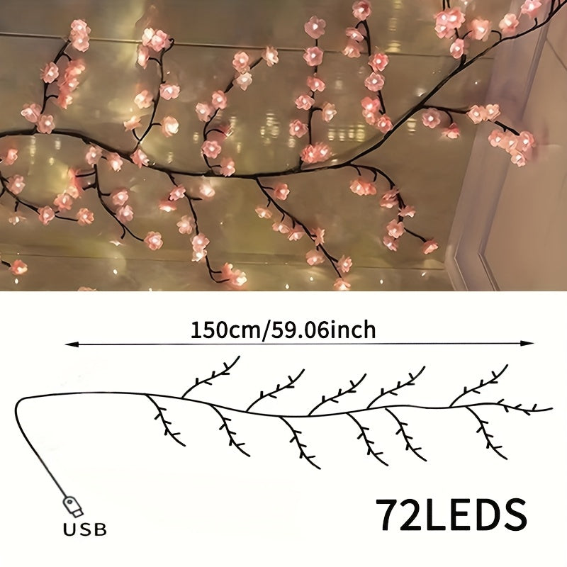 1pc Kinpho Cherry Blossom LED Branch Lights, 72/96/144 LEDs, Flexible and Bendable Sakura Vine String Lights, 8 Flashing Modes, USB Powered, DIY for Indoor Atmosphere Decoration, Ideal for Bedroom, Living Room, Wall, Party, H