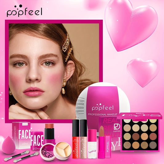 POPFEEL 10pcs Makeup Set, includes blush, eyeshadow, lip gloss, concealer, and more.