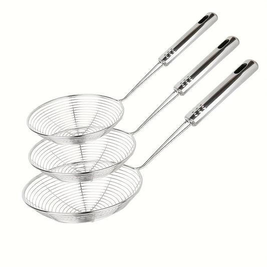 3pcs Stainless Steel Spider Strainer Set, Durable Metal Skimmers with Long Handles, Food-Safe Skimming Spoons for Frying, Pasta, with Hanging Loop, for 12.01", 12.6", 13.78" Kitchen Tools