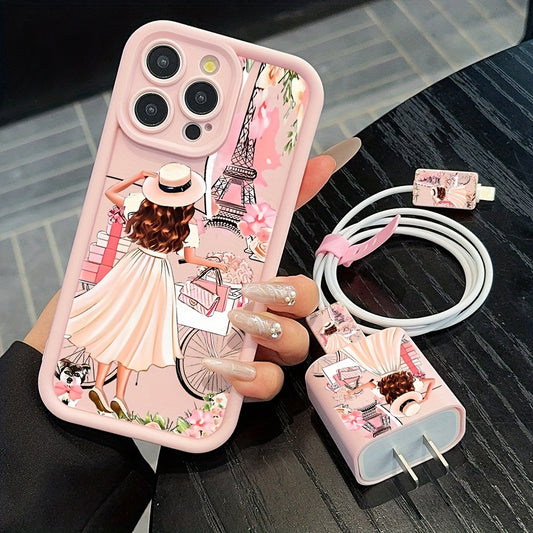 5pcs Set: 1 High Bamboo Pink Girl Anti-Drop Phone Case + 1 Charger Protective Cover + 2 Data Cable Protectors + 1 Data Cable Strap, Suitable for iPhone 16/16pro/16promax/16plus/11/11pro/11promax/12/12pro/12promax/13/13pro/13p