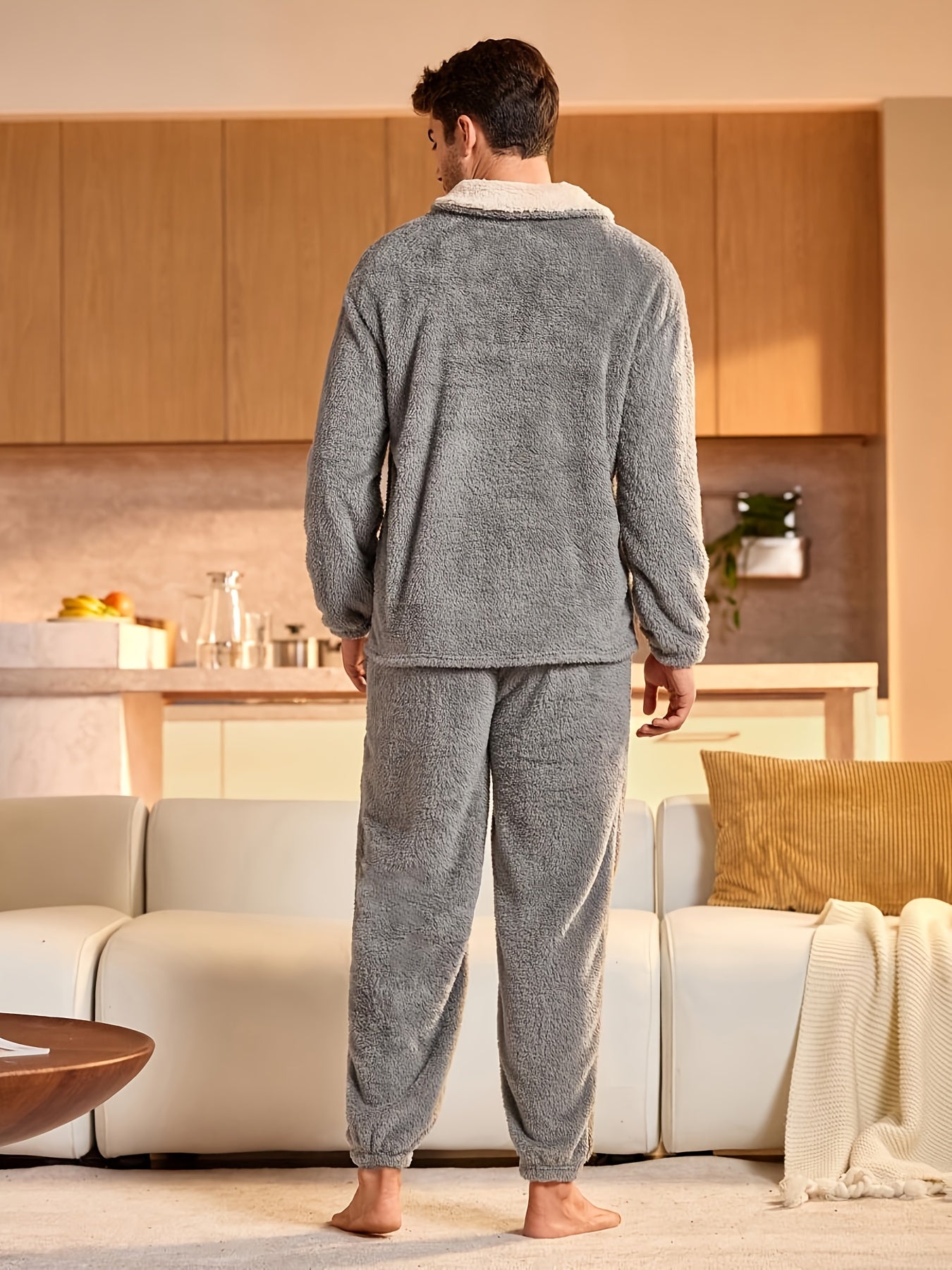 Men's 2pcs Winter Pajama Set - Heavy-Duty Coral Full-Zip Lounge Wear, Soft Thermal Long Sleeve Pajamas with Pants & Top.