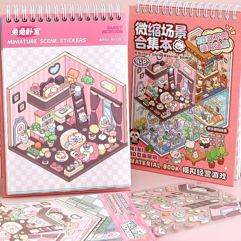 20pcs Scene Cardstock + 25pcs Stickers + 1 Tweezer Micro Scene Combination Book Set, 3D Scene Stickers for DIY Miniature Houses