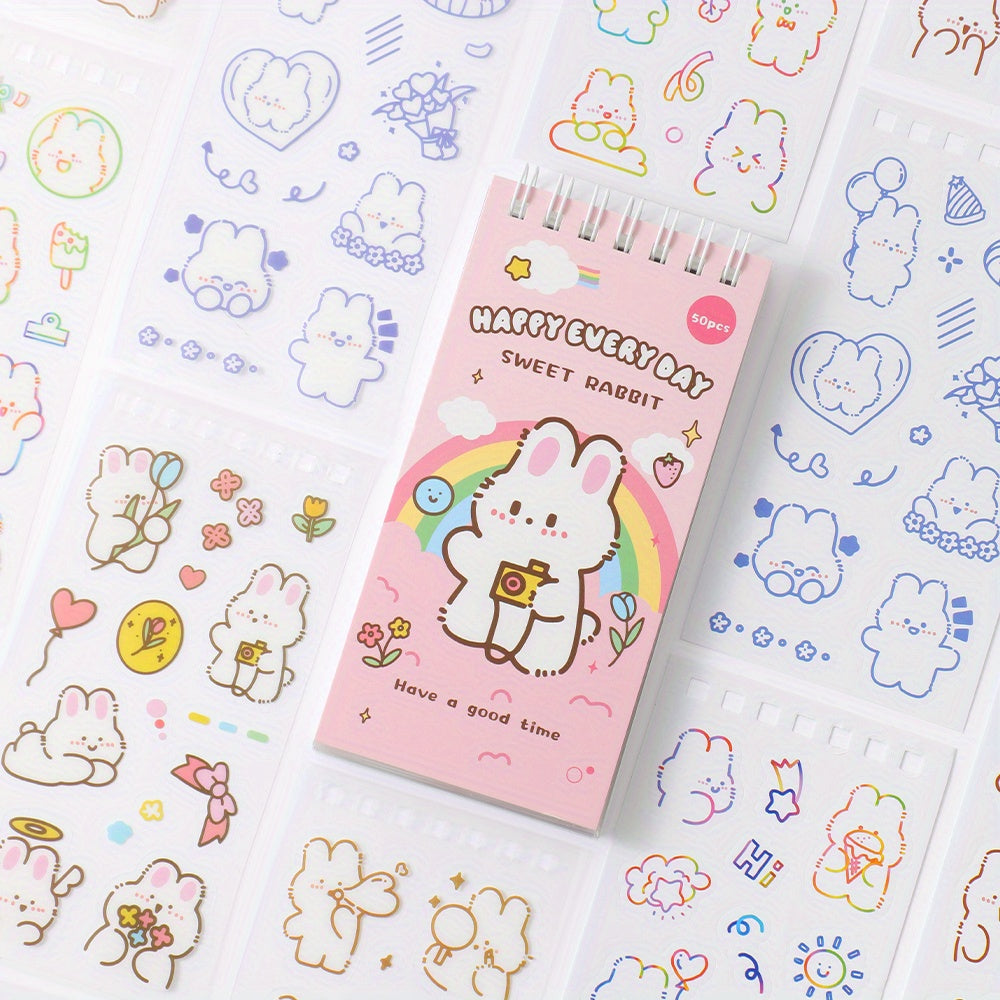 50 Sheets Cute Cartoon Rabbit Stickers Set | Waterproof PET Stickers for DIY Decorating Journaling Notebook | Scrapbooking Washi Stickers Stationery Supplies