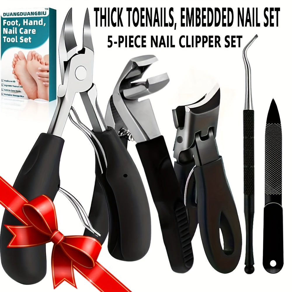 5pcs Stainless Steel Nail Care Kit for Ingrown & Thick Toenails - Heavy-Duty Clippers Set with Nail File, Cuticle Nippers, and Grooming Tools.
