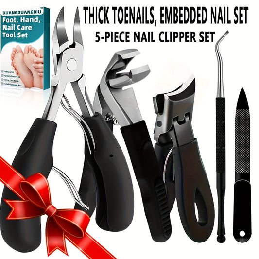 5pcs Stainless Steel Nail Care Kit for Ingrown & Thick Toenails - Heavy-Duty Clippers Set with Nail File, Cuticle Nippers, and Grooming Tools.