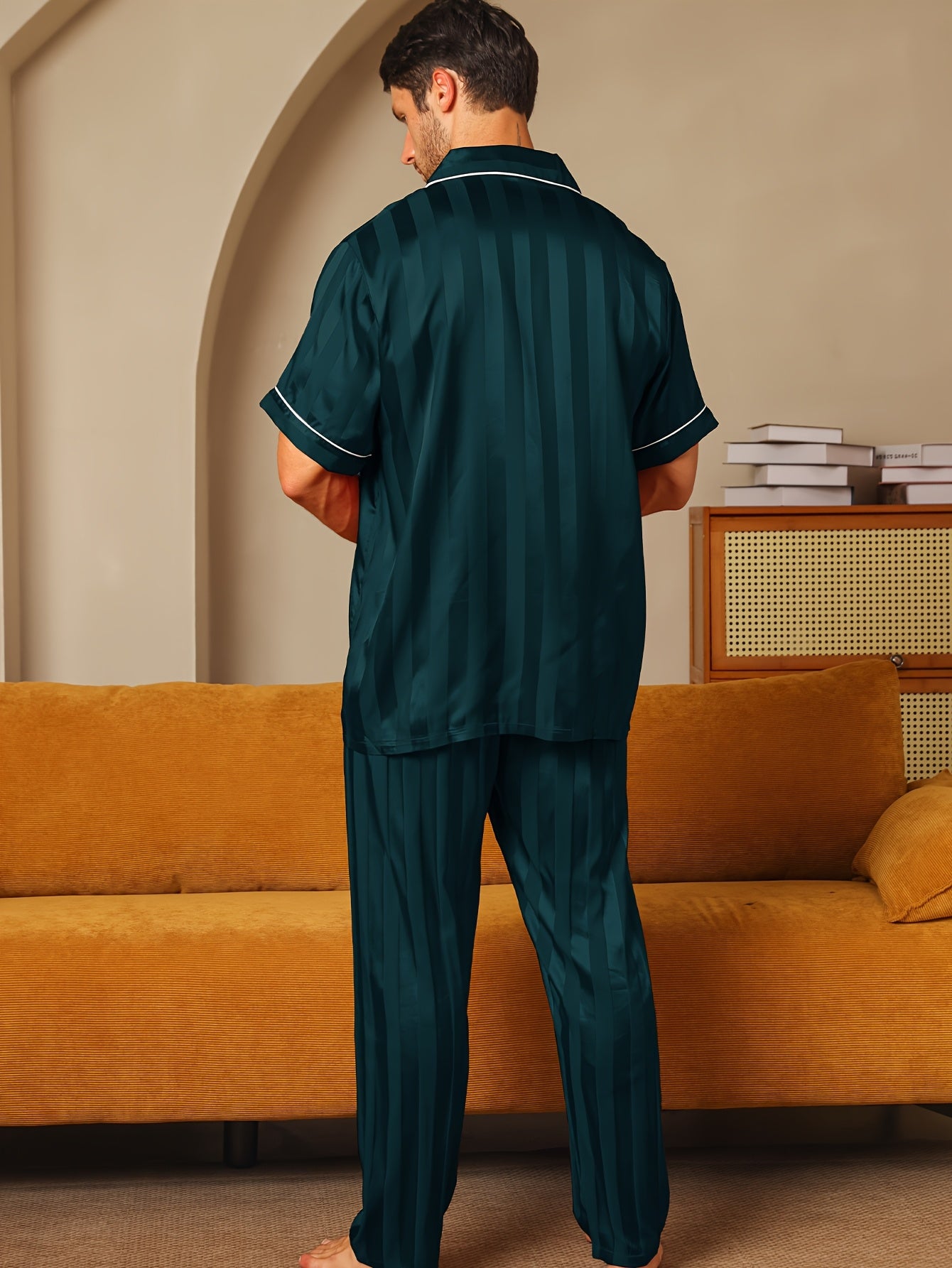 2pcs Men'S Pajama Set Short Sleeve Long Pants Thin Stripes with Embroidered Letters Summer Collar Cardigan Home wear Set