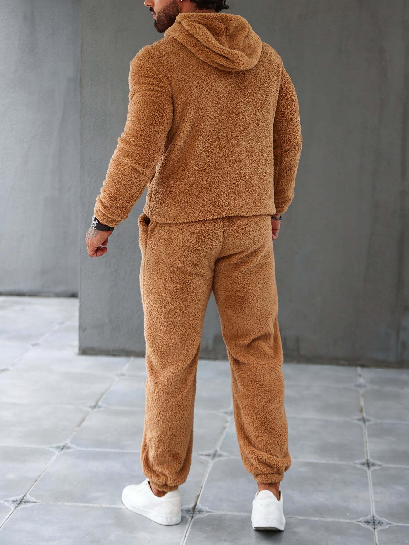 2Pcs Men's Fuzzy Fleece Casual Hoodies Long Sleeve Hooded Sweatshirt And Sweatpants Joggers Set For Winter Fall