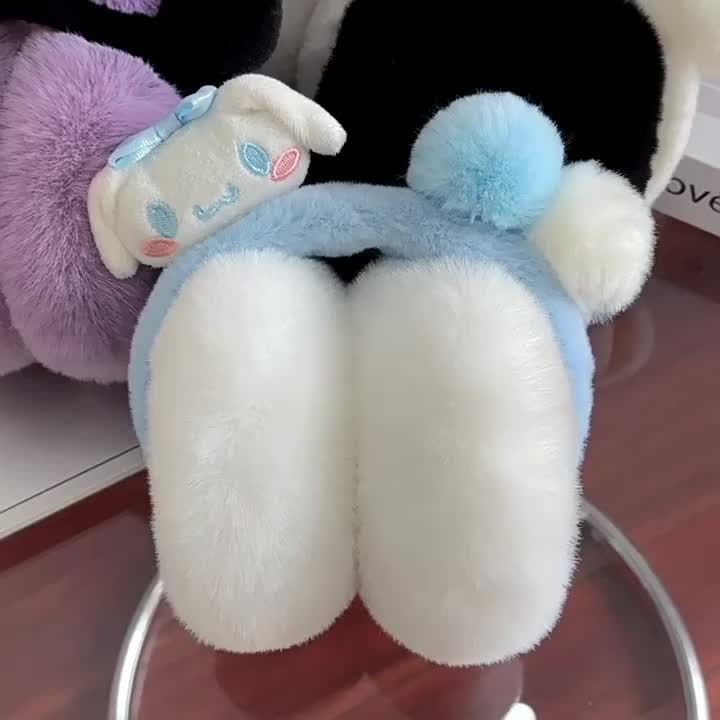 Sanrio Women's Plush Earmuffs - Soft Winter Ear Warmers with Kuromi, Yugui Dog, Vanilla Roll Designs - Pastel Purple/Black/, Lightweight Portable Folding for Commuting, Travel, Everyday - Sanrio Collectible Gift, Outdoor Wear