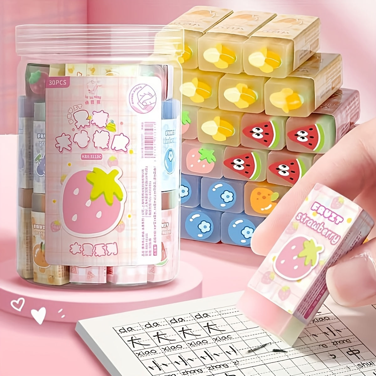 30pcs Cute Cartoon Animals & Fruits Erasers, Rectangular Shape with Charming Designs, Transparent Synthetic Rubber, Perfect for Students' School Supplies or Small Gifts