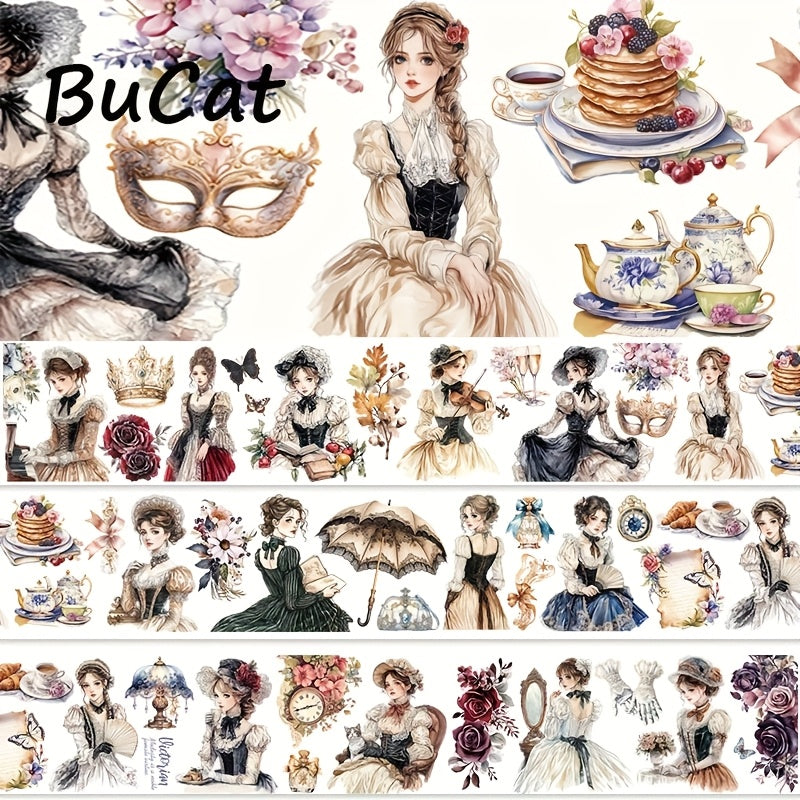 2m Princess Leisure Time PET Washi Tape - Transparent Roll Stickers with Elegant Women in Victorian Dresses, Butterflies, Flowers, and Clocks - Ideal for Scrapbooking, Journaling, and Aesthetic Stationery Decor, Journaling Su