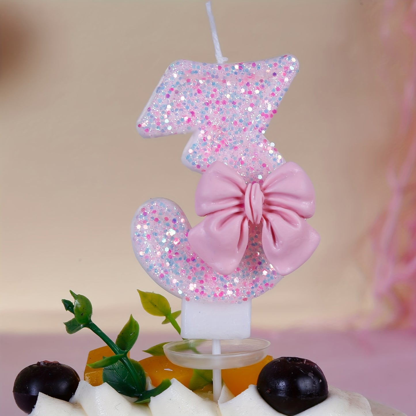 1pc, Pink Bow Number 0-9 Birthday Candle, Girl Powder Bow Birthday Cake Decoration, Baking Shop Supplies