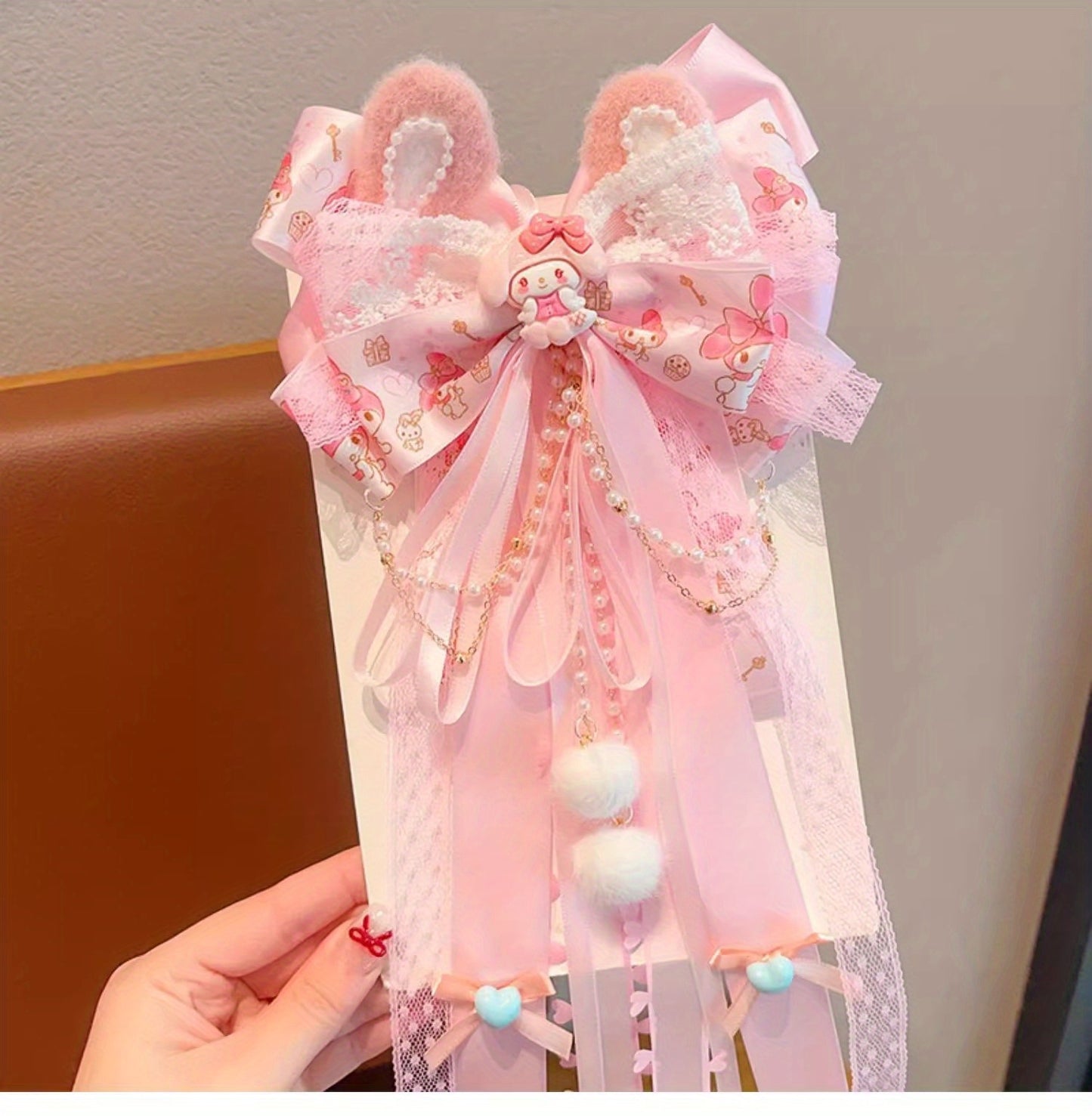 Sanrio Pink Bow Hair Clip with Long Ribbons, My Melody Princess Hair Accessory