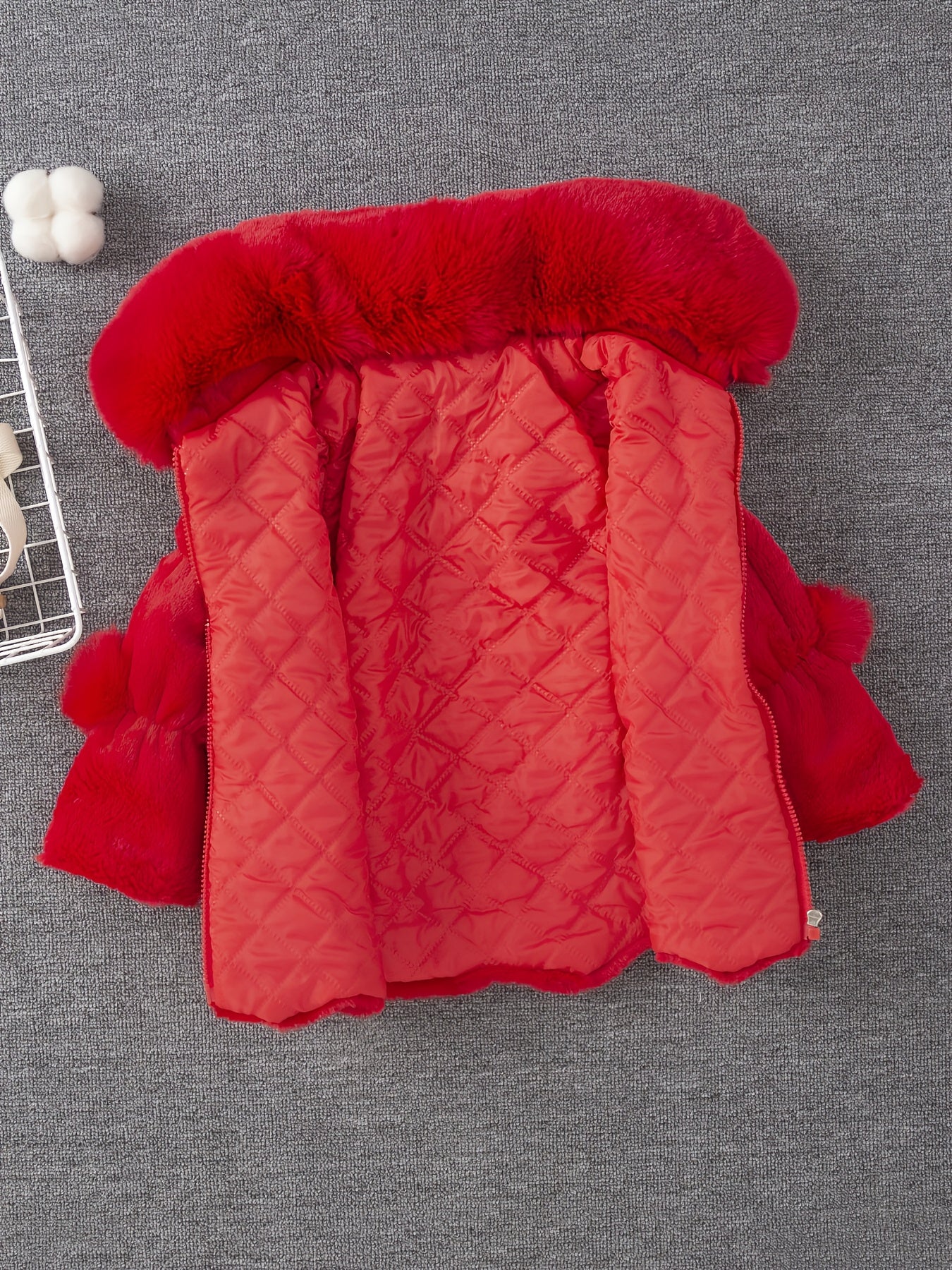 Girls' Winter Coat with Plush Fur-Lined Hood - Thick Fleece-Lined Zipper Front, Flared Hem & Pom-Pom Details, Cute Solid Color Outerwear for Fall/Winter, Cozy Warm Jacket for Cold Weather, Cozy Winter Wear, Playful Design, So