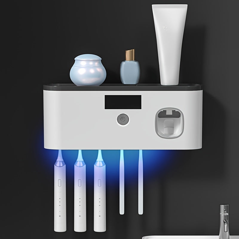 Sleek Modern UV Sanitizing Toothbrush Holder, Wall-Mounted Bathroom Organizer, No-Drill Installation, USB Rechargeable Lithium Battery, Plastic Material, with Built-in Light for Effective Cleanin