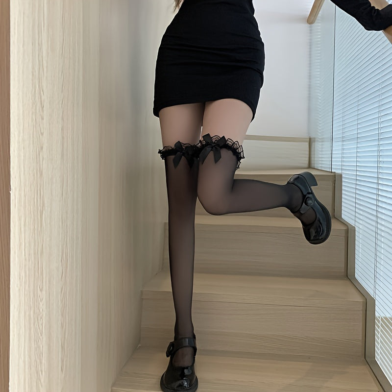 [Sensual Fishnet Tights] Sexy Sheer 1 Pair Women's Fishnet Tights | 91% Polyester 9% Elastane, Hand Washable Knit Fabric, Non-Slip Thigh Highs with Butterfly Knot and Contrast Lace Detail