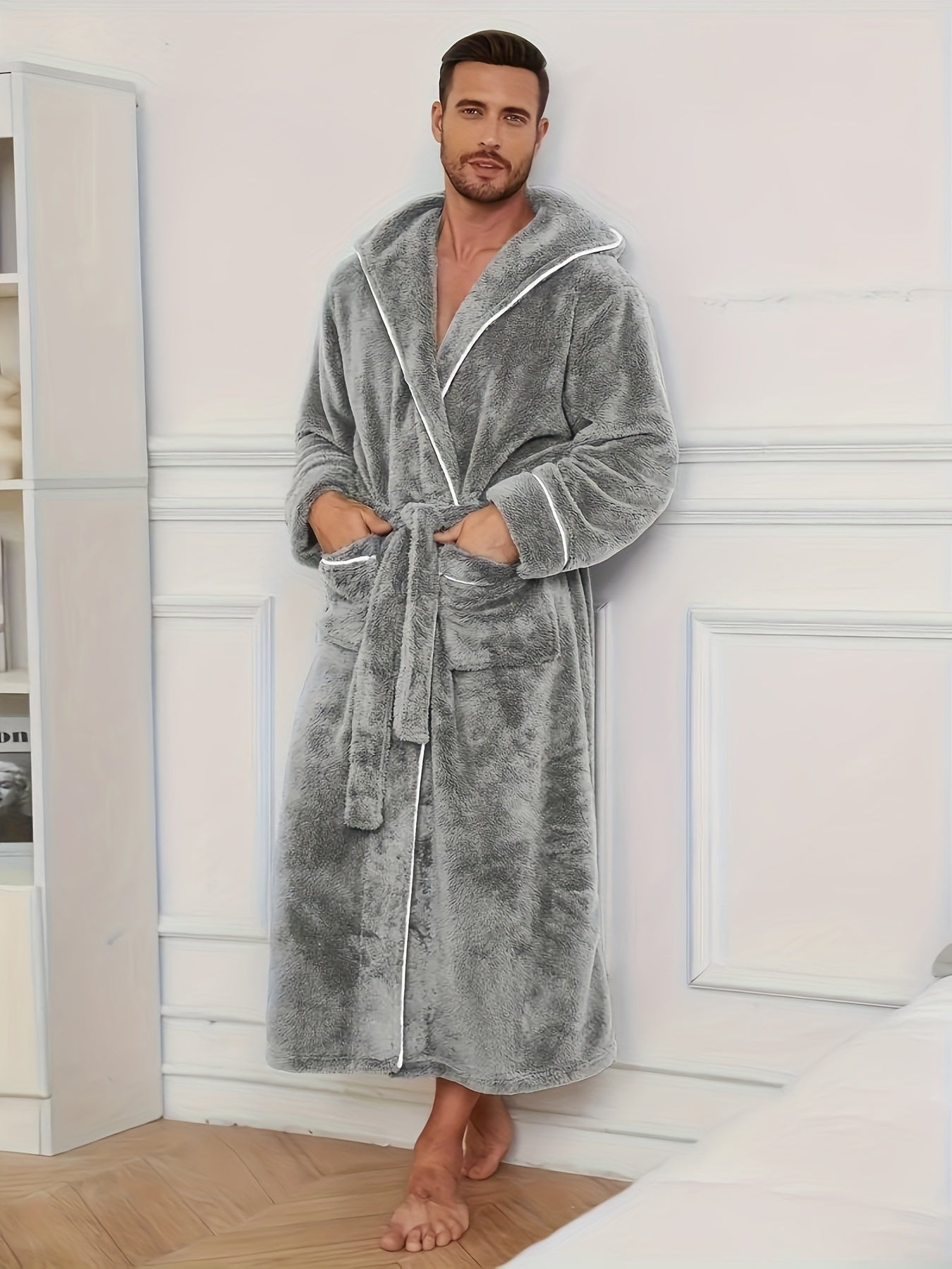 Luxurious Men's Black Fleece Bathrobe with Colour-Block Design. - Soft, Comfortable Long Sleeve Hooded Robe with Belt Detail, Machine Washable.