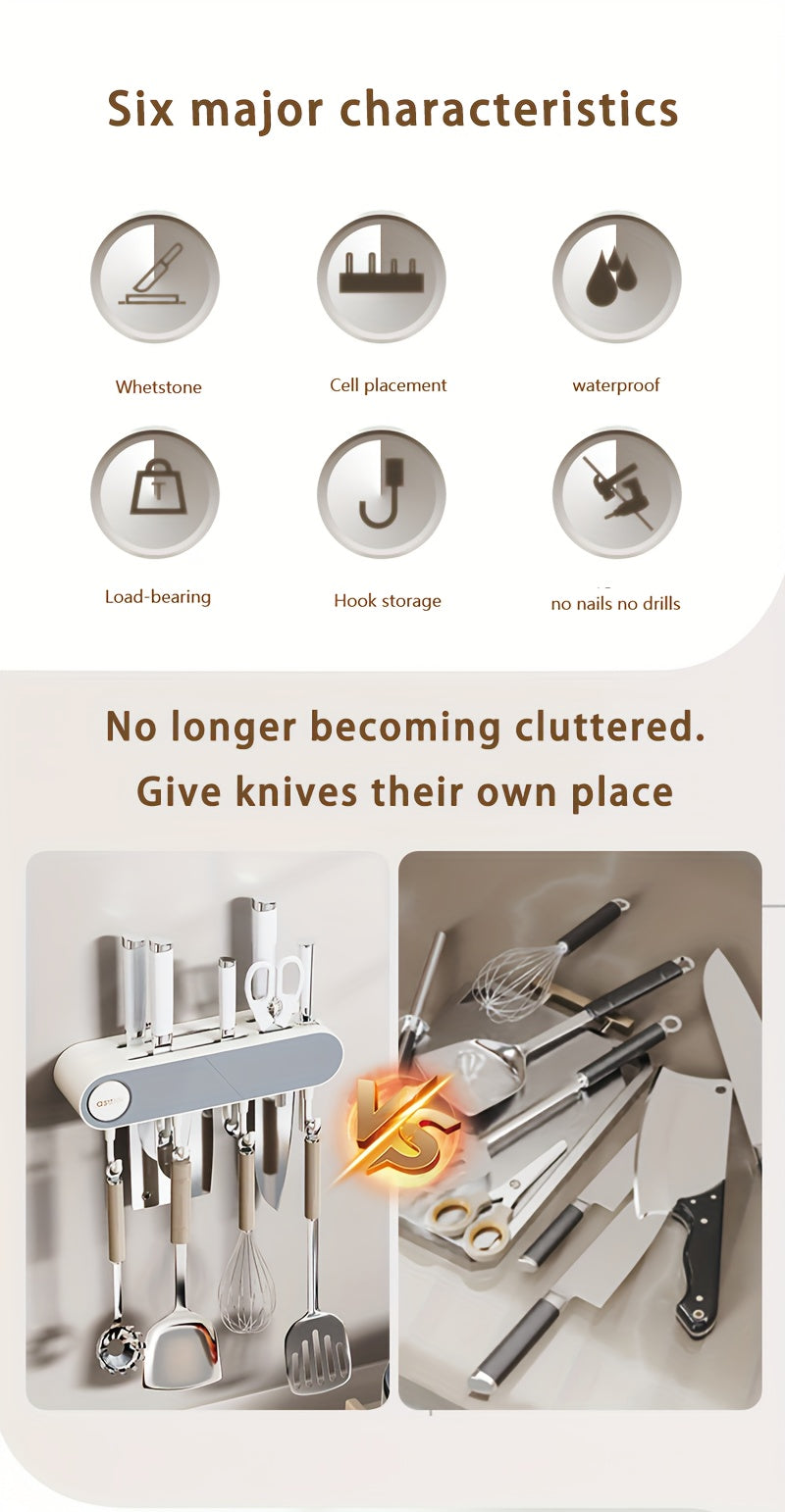 Multifunctional Wall Hanging Knife Holder, Can Hold Multiple Knives, with Integrated Sharpening Stone, Equipped with 4 Hooks, Suitable for Spatulas, Funnel, Kitchen Tools