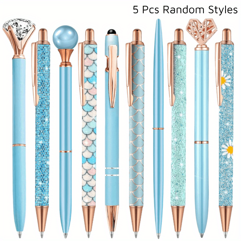 [5pcs Crystal Pens] 5pcs Metal Ballpoint Pens Set, Crystal Diamond Pen for Journaling | Glitter Stationery, Black Fancy Gifts for Teacher Office Wedding Back to School Christmas Graduation Supplies