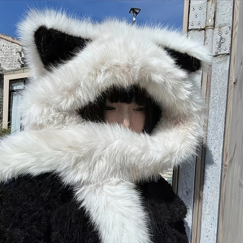 A Soft Polyester Faux Fur Cat Ear Hat with an Integrated Scarf