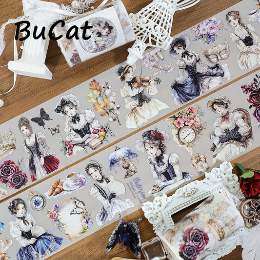 2m Princess Leisure Time PET Washi Tape - Transparent Roll Stickers with Elegant Women in Victorian Dresses, Butterflies, Flowers, and Clocks - Ideal for Scrapbooking, Journaling, and Aesthetic Stationery Decor, Journaling Su