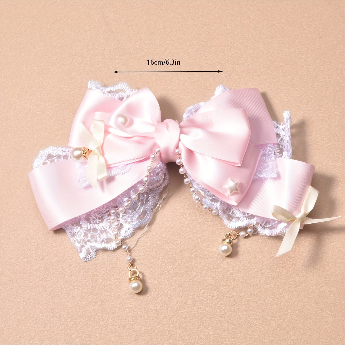 Trendy Polyester Lace Ribbon, Large Bow Hairpin with Pearl Chain - Stylish, Unique, Sweet, Cute, Pink Headband for Everyday Outfits