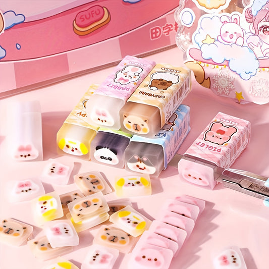 30pcs Cute Cartoon Animals & Fruits Erasers, Rectangular Shape with Charming Designs, Transparent Synthetic Rubber, Perfect for Students' School Supplies or Small Gifts
