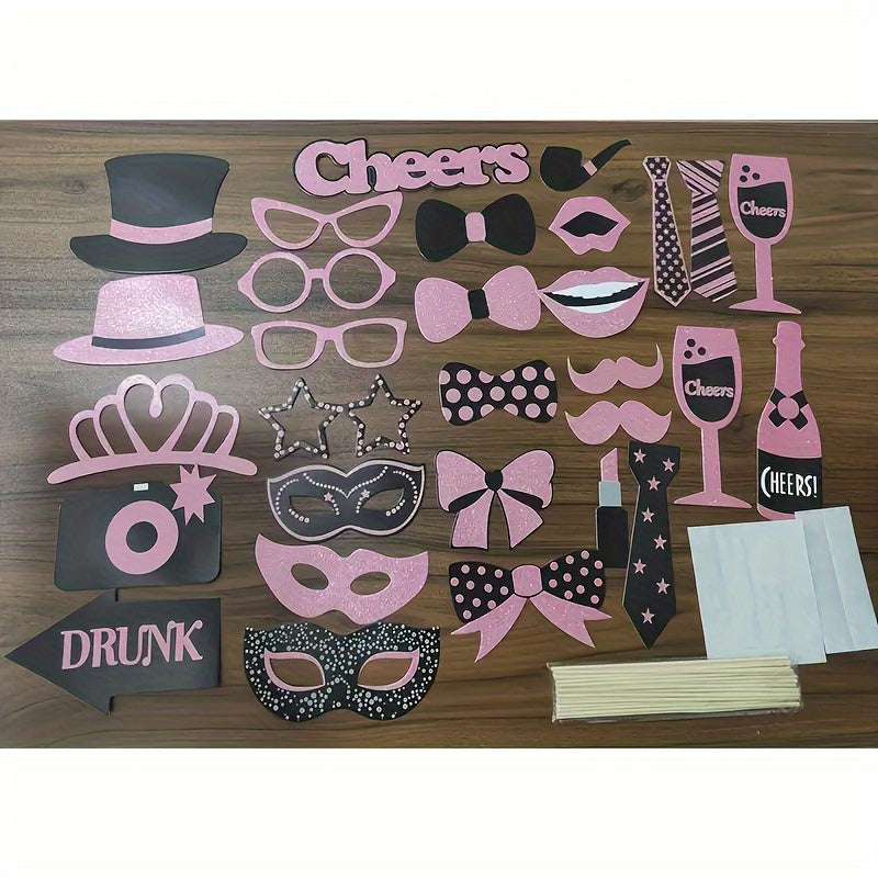 30pcs Glittery Set, Black Party Photo Booth Props, Assorted Accessories, Hats, Lipstick, Ties, Crowns, Paper Props for Celebrations