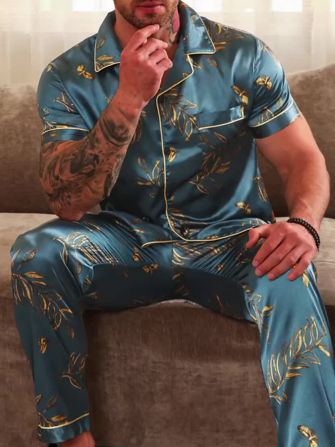 Casual Pajama Set 2pcs Men's Casual Plant Pattern Pajama Set  Short Sleeve.