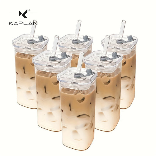 6pcs Square Glass Cups with Lids - Portable, Perfect for Coffee, Office, Home, School & Outdoor Use