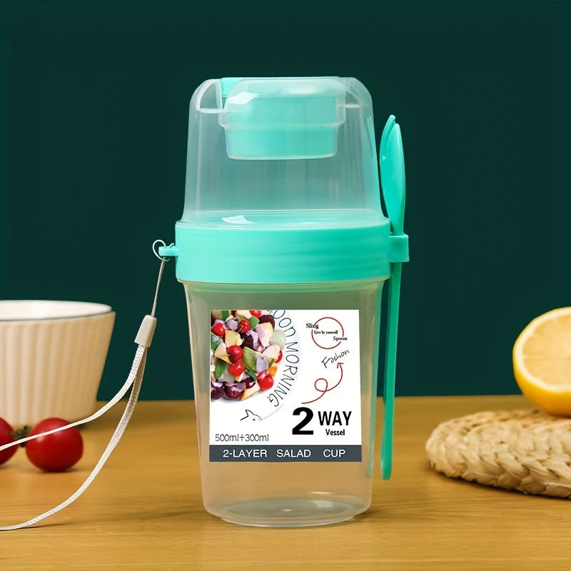 Salad Container to Go, Cereal Cup to Go, Lunch Accessories - Two-in-one Portable Salad Cup Container Set, with Dressing Rack and Fork, BPA-free Plastic, Hand Wash, Lightweight Rectangular Water Bottle Set, for Yogurt, Cereal,