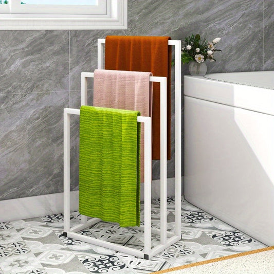 3-Tier Freestanding Towel Rack - Heavy-Duty Steel Bathroom Organizer with Anti-Rust Coating, No-Drill Space-Saving Design for Bathroom, Laundry Room & Balcony - White, Versatile Storage Solution, Powdercoated Finish