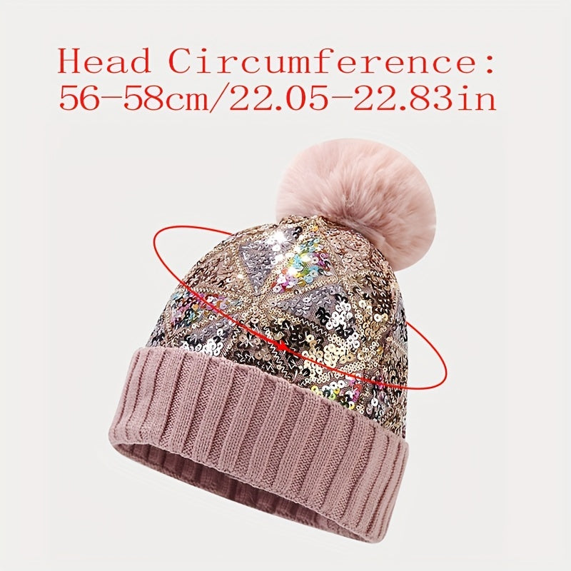 Sparkling Sequin Beanie Hat with Pom-Pom