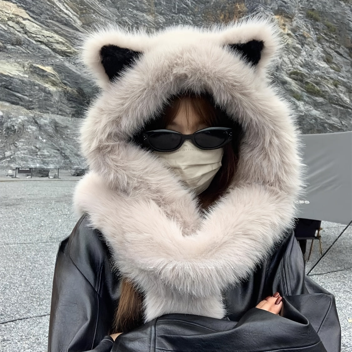 A Soft Polyester Faux Fur Cat Ear Hat with an Integrated Scarf