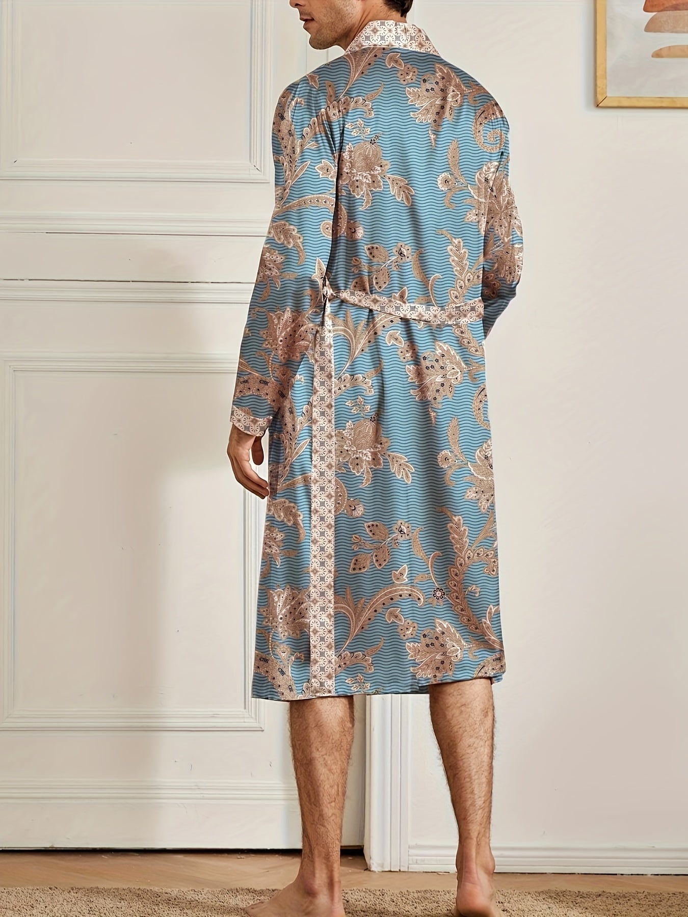 Men's Sleep Robe, Elegant And Light Luxury Pajamas Set, Stylish Gorgeous Floral Print, V-neck Long Sleeve .